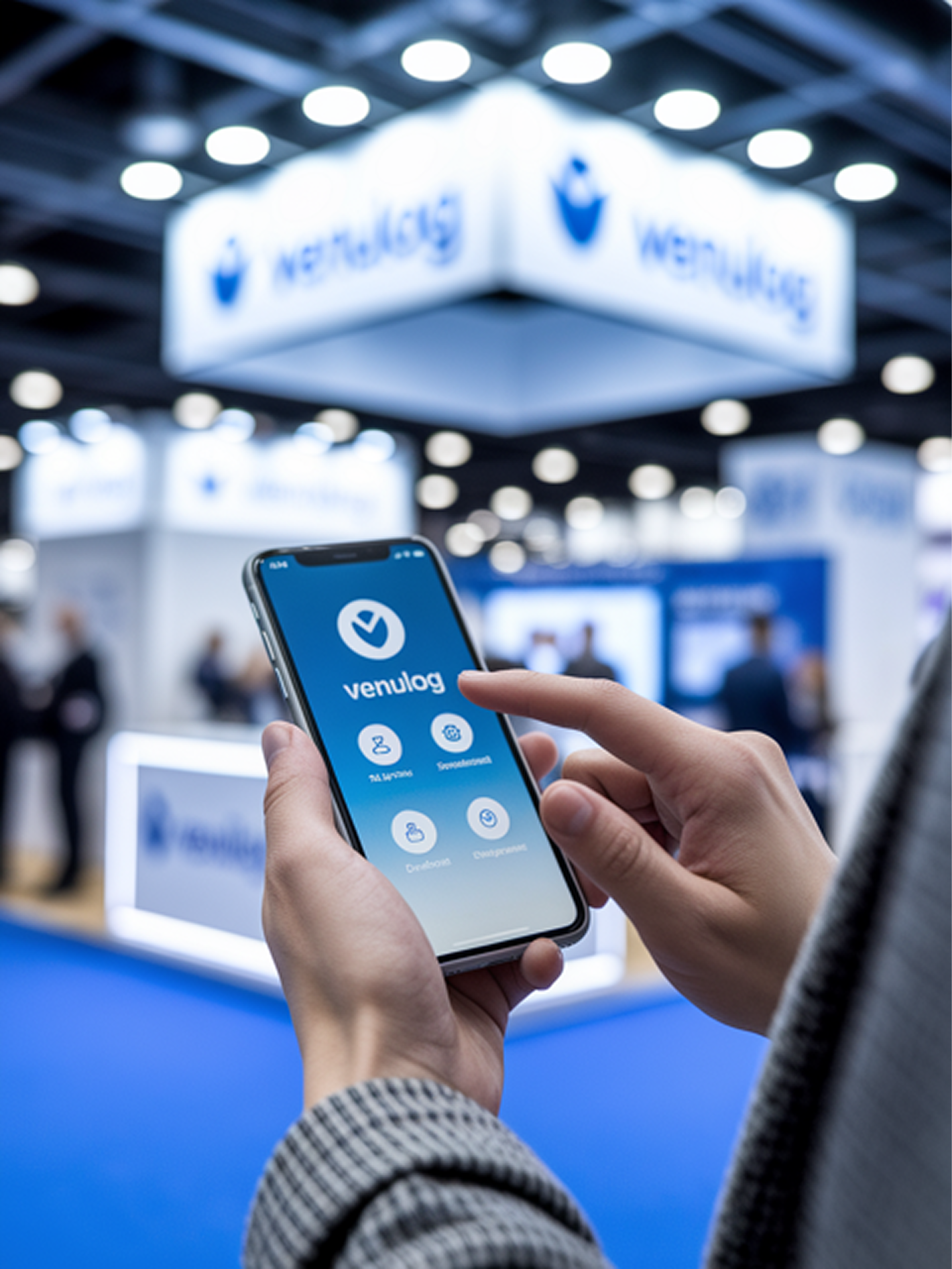 Exposant utilisant l'application Venulog sur un salon professionnel